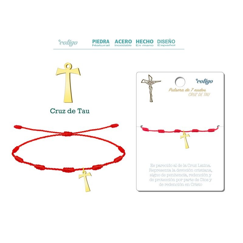 Pulsera 7 Nudos Con Cruz De Tau Color Dorado - Coleccion 7 nudos